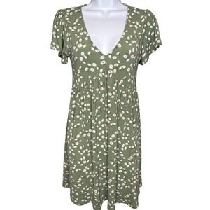Aeropostale Women Green Floral Babydoll Dress S Excellent Flutter Sleeve V-Neck